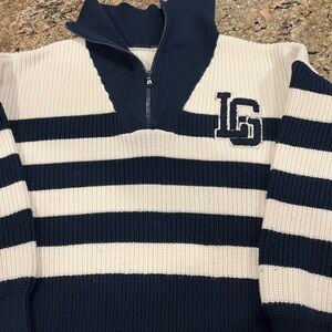 LOFT Blue and White Zip Up Sweater with Nautical Stripes